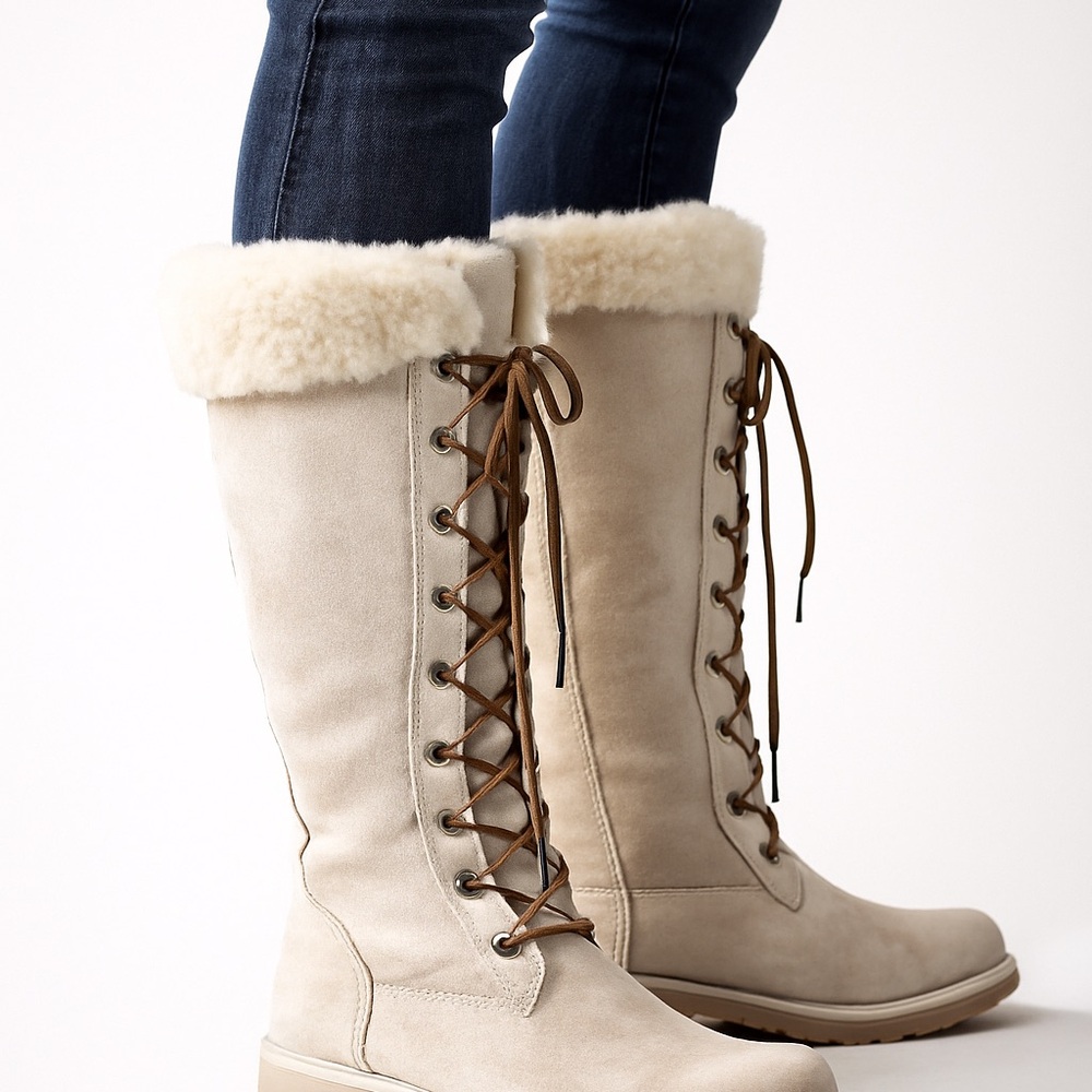 Women's Beige Lace-Up Shearling Boots - Picture 2 of 5